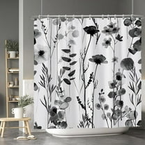 Black and White Flower Shower Curtain Set - Farmhouse Floral Vintage Botanical Fashion for Bathroom 72x72 Inch Polyester Waterproof Decor Accessory