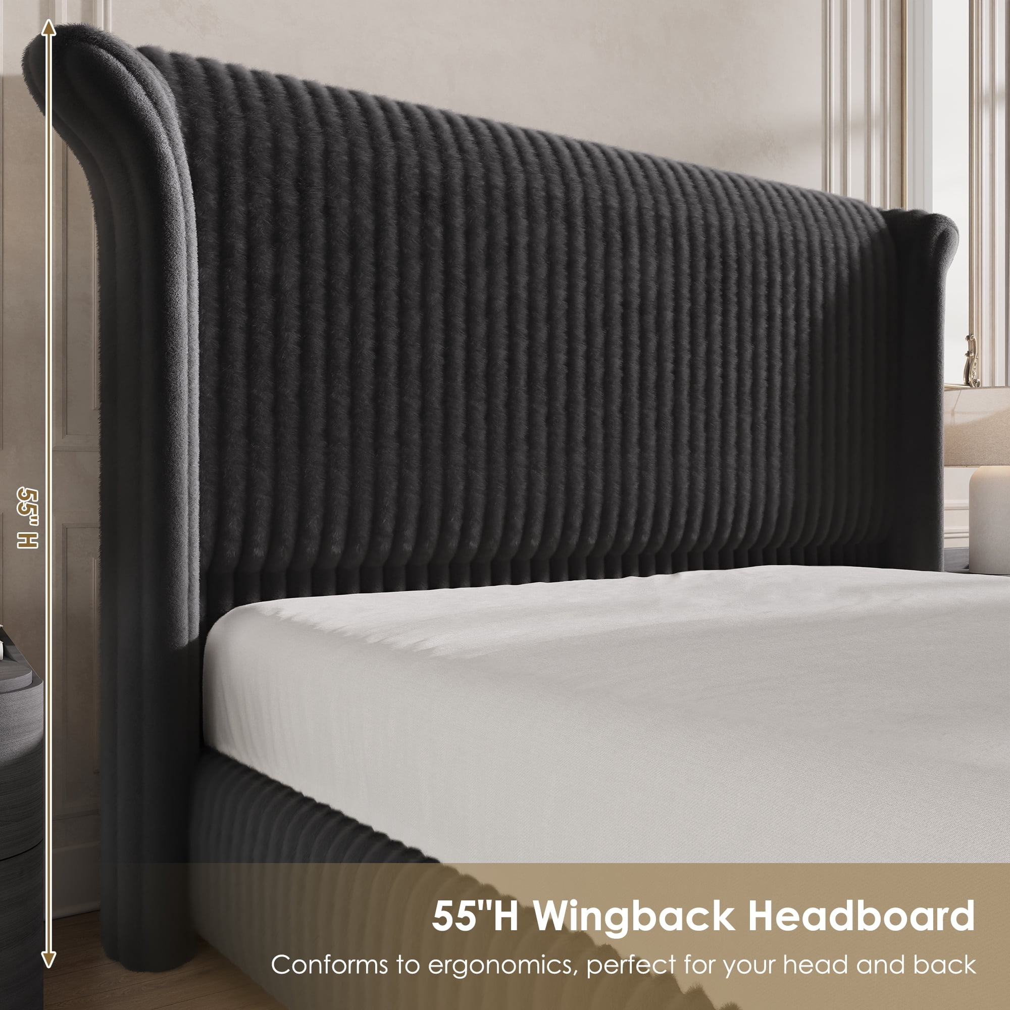 Hiphuta Corduroy Upholstered King Size Bed Frame with Headboard, LED Platform King Bed Frame with 55"H Tall Vertical Stripe Corduroy Wingback Headboard, Black