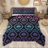 Manfei Vintage Purple Damask Queen Comforter Set, Tribal Mandala Flower Floral Bedding Sets, Teens Adult Female Reversible Bedding Comforter Set, Lightweight Room Decor, 3pcs