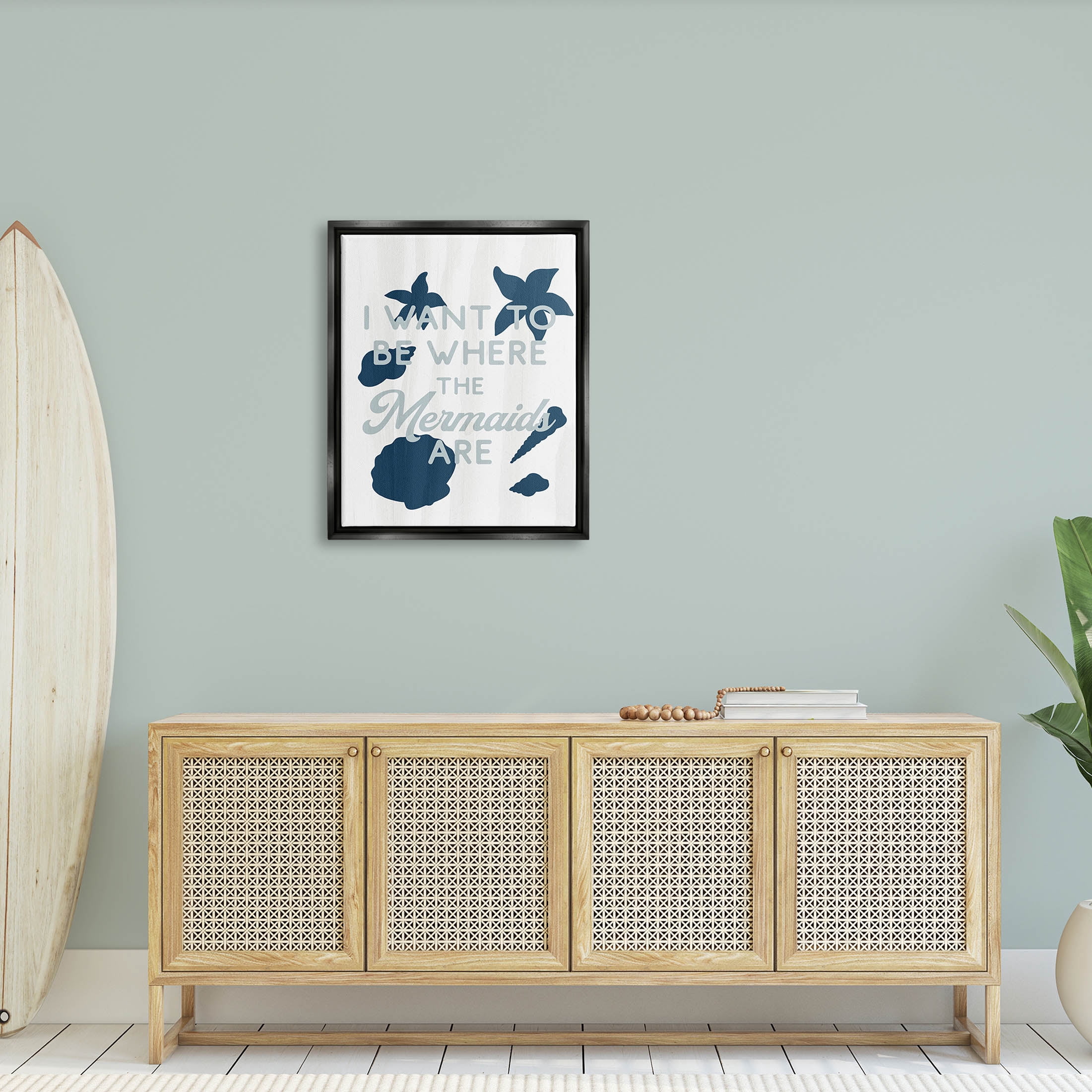 Stupell Industries Where Mermaids Are Phrase Graphic Art Jet Black Floating Framed Canvas Print Wall Art, Design by Lil' Rue