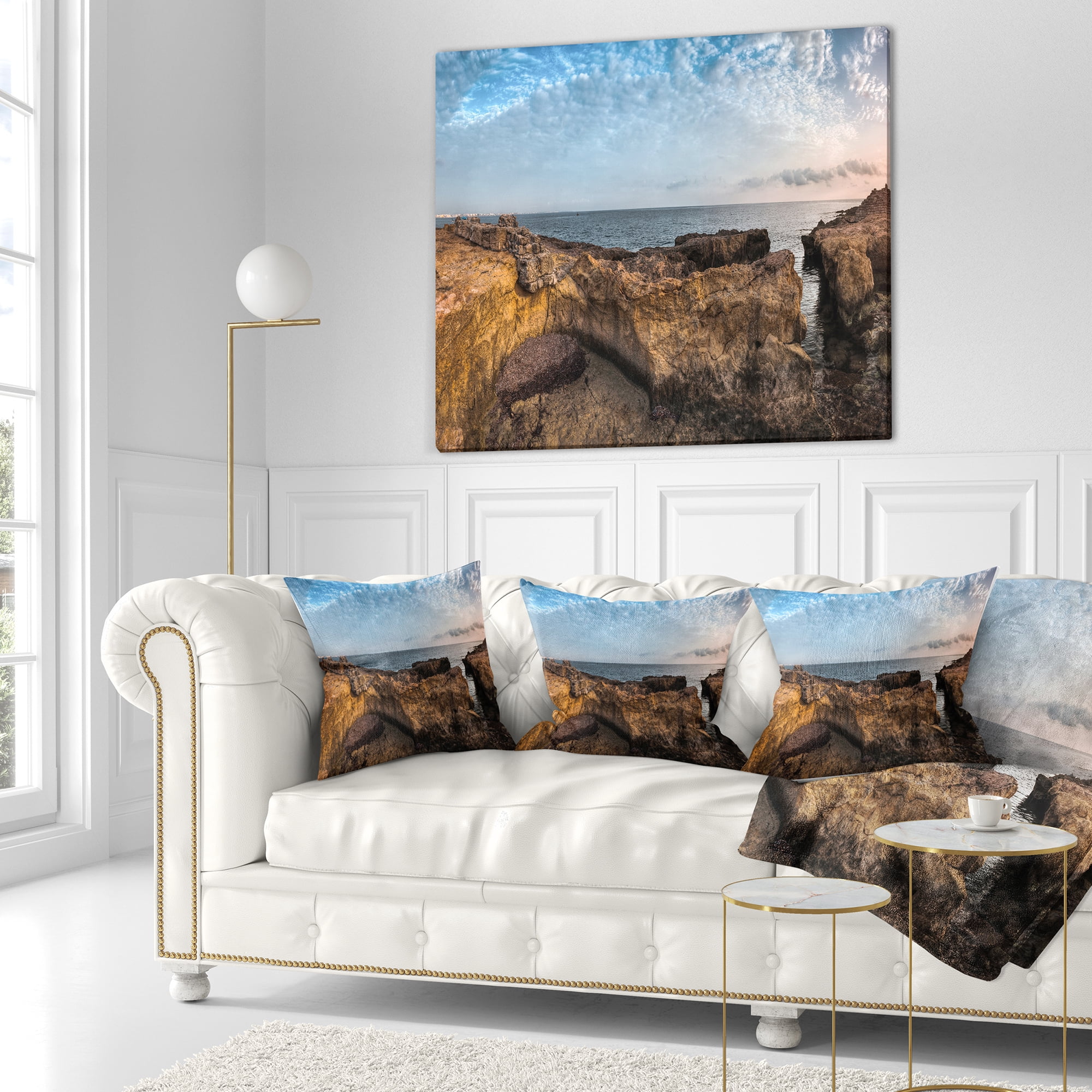 Designart Rough Rocky Coast under Blue Sky - Oversized Beach Throw Pillow - 16x16