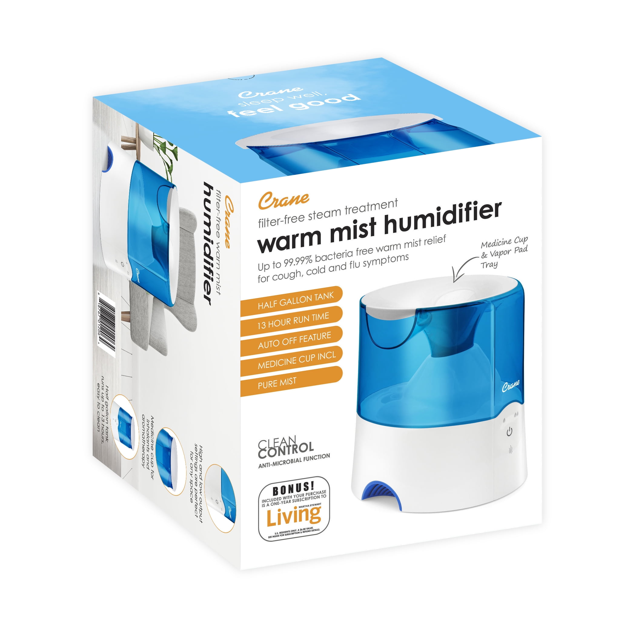 Crane 0.5 Gal. Warm Mist Humidifier, 2 Speed Settings, Medicine Cup, 13 Hour Run Time, Blue/White