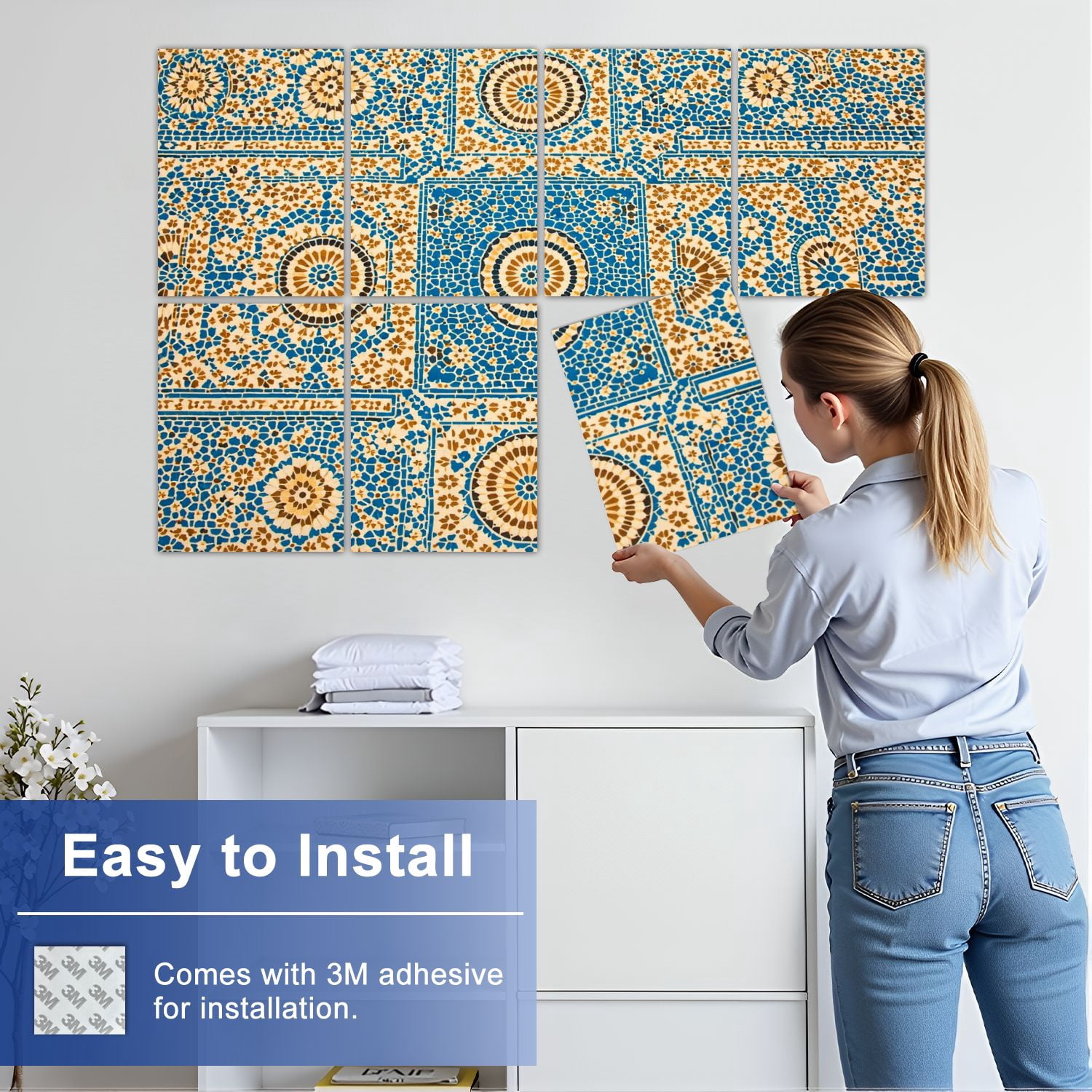 8 Pack Art Acoustic Panels Sound Absorbing moroccan vintage tile Decorative Soundproof Wall Panels Self Adhesive for Nursery Game Room Bedroom 48"x32"