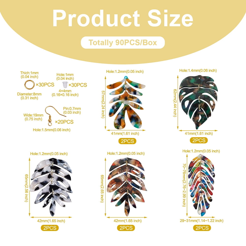 1Box DIY Monstera Leaf Dangle Earring Making Kits Including Cellulose Acetate(Resin) Pendants Brass Earring Hooks Mixed Color 90Pcs/box