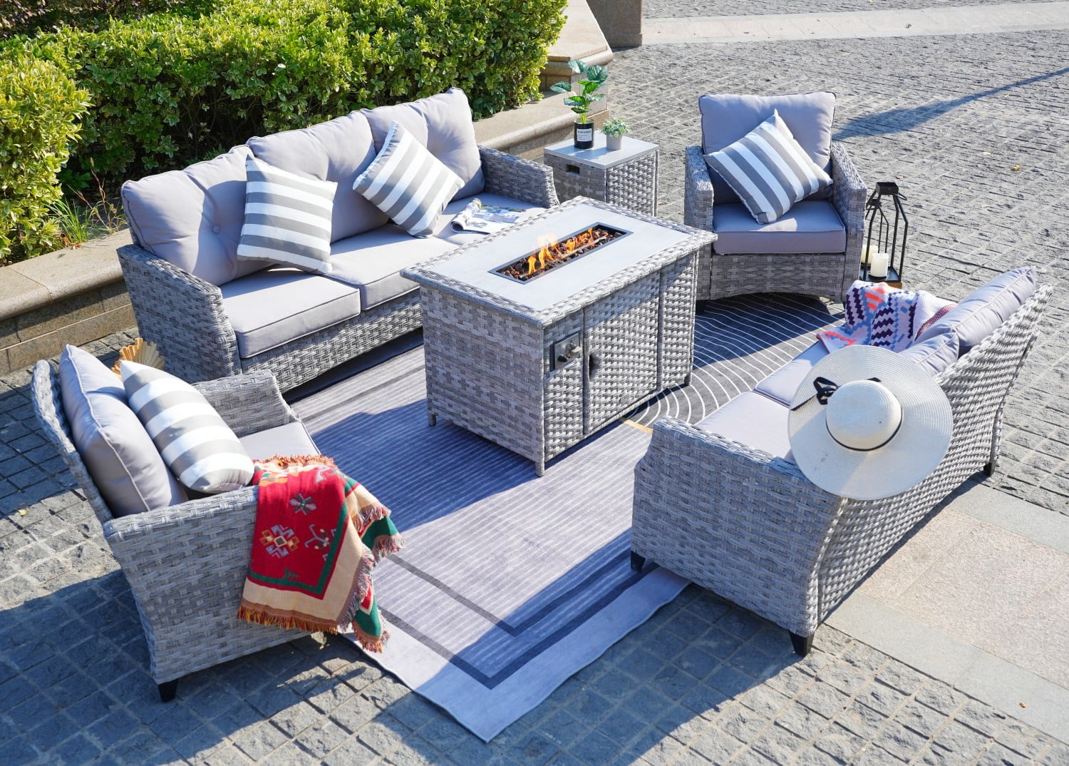 Outdoor Patio Furniture Set with Gas Fire Pit Table, 6Piece Wicker Sectional Sofa Set, Gray