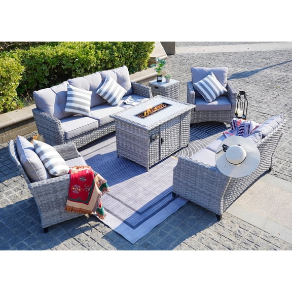 Outdoor Patio Furniture Set with Gas Fire Pit Table, 6-Piece Wicker Sectional Sofa Set, Gray