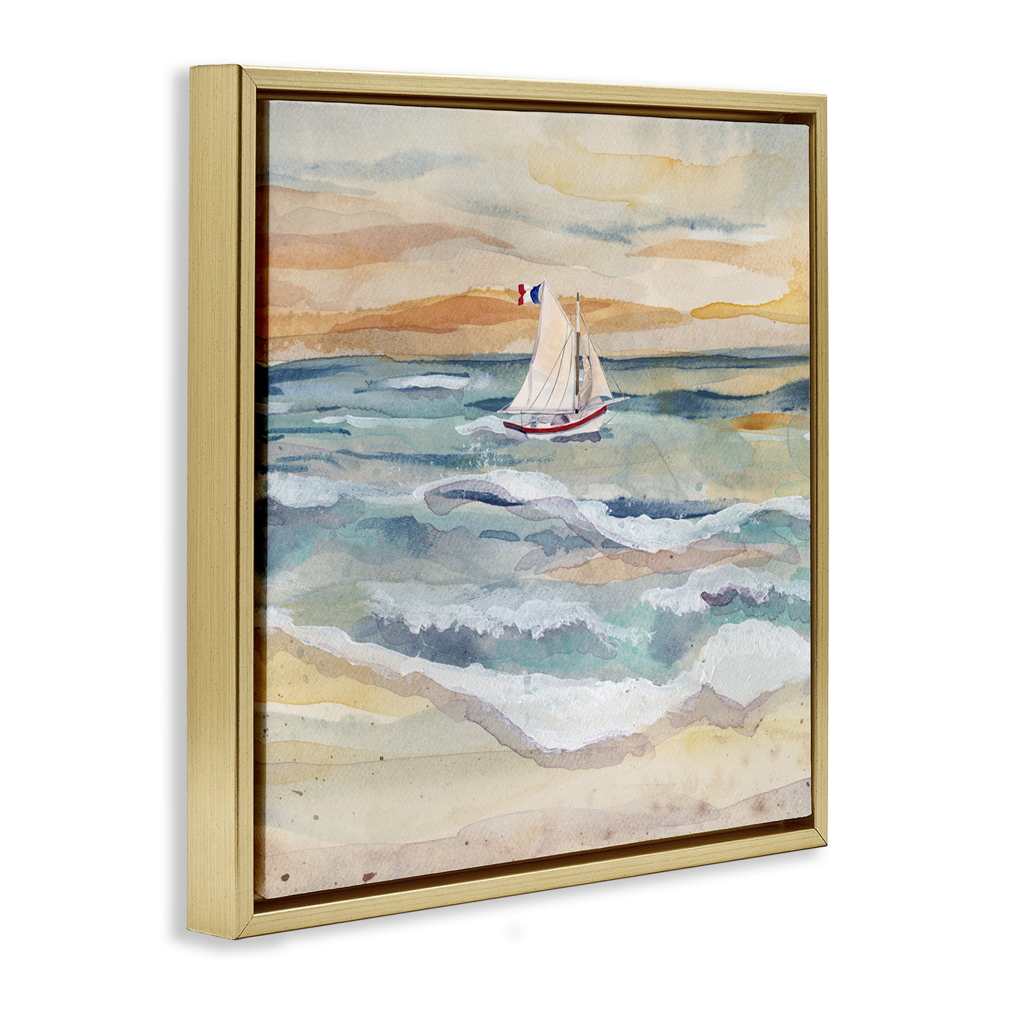 Stupell Industries Watercolor Boat Beach View Transportation Painting Gold Floater Framed Canvas Art Print Wall Art, 25 x 25