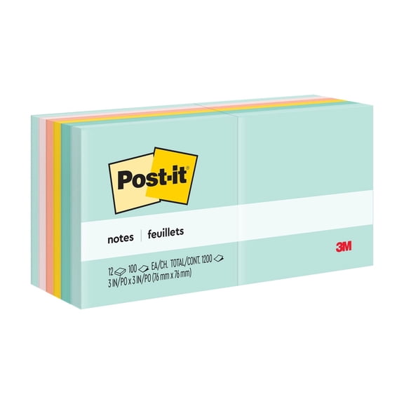 Post-it Notes, Beachside Café Collection, 3 in x 3 in, 12 Pads