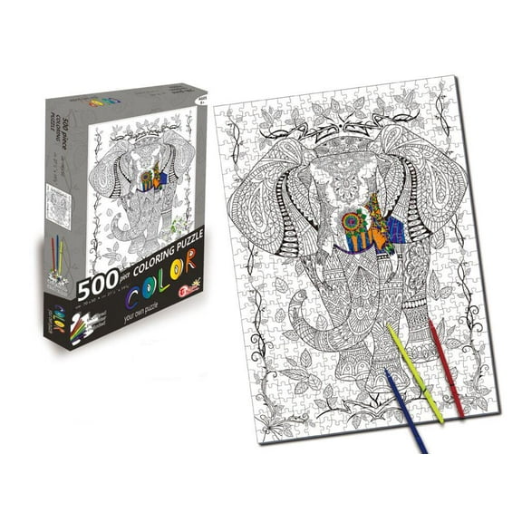 Elephant 500 Piece Coloring Jigsaw Puzzle   6 Markers