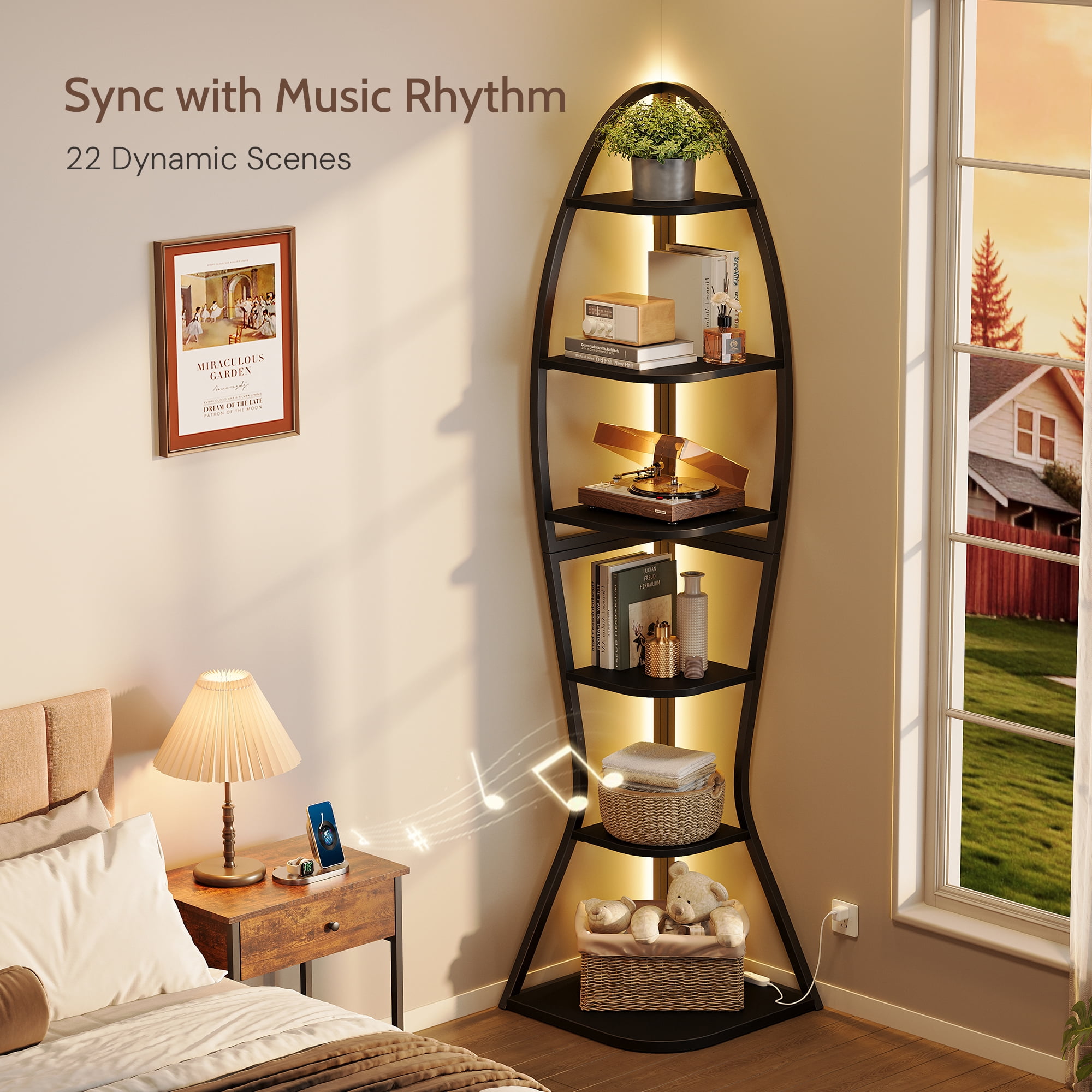 Vividwood Artistic Fish-Inspired Corner Shelf with LED Lights, 6-Tier Tall Corner Bookshelf with Multi-Depth Display, Vividwood Space-Saving Storage Unit with Remote Control for Bedroom & Living Room