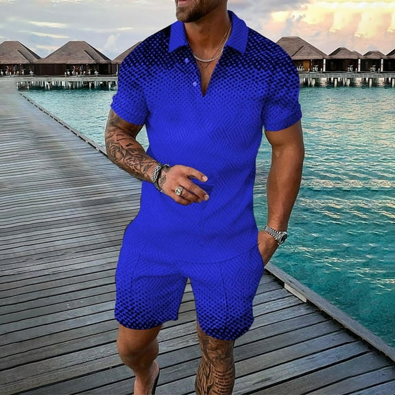 (clearance Sale)MSJUHEG Two Piece Sets Short Sleeve Shirts Lounge Pants Men's 3d Short Sleeve Suit Shorts Beach Tropical Hawaiianss Body Sports Shorts Suit Sports Suit Fall Shirts Blue L