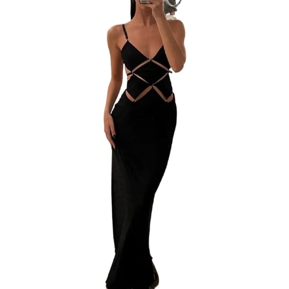 Hollow Out Metal Ring Backless Sexy Long Dress Women's Halter V-Neck Sleeveless Dress, Solid Color