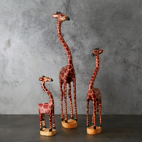 Tall Skinny Painted Wood Giraffe Family Sculpture Set