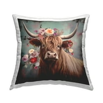 Stupell Industries Highland Cow Floral Portrait Decorative Printed Throw Pillow, 18 x 18