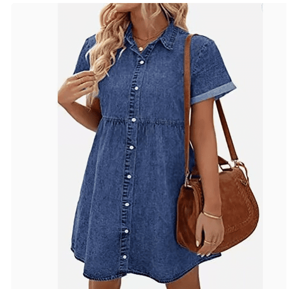 Denim Dress for Women Babydoll Tiered Short Sleeve Button Down Jean Shirt Dresses