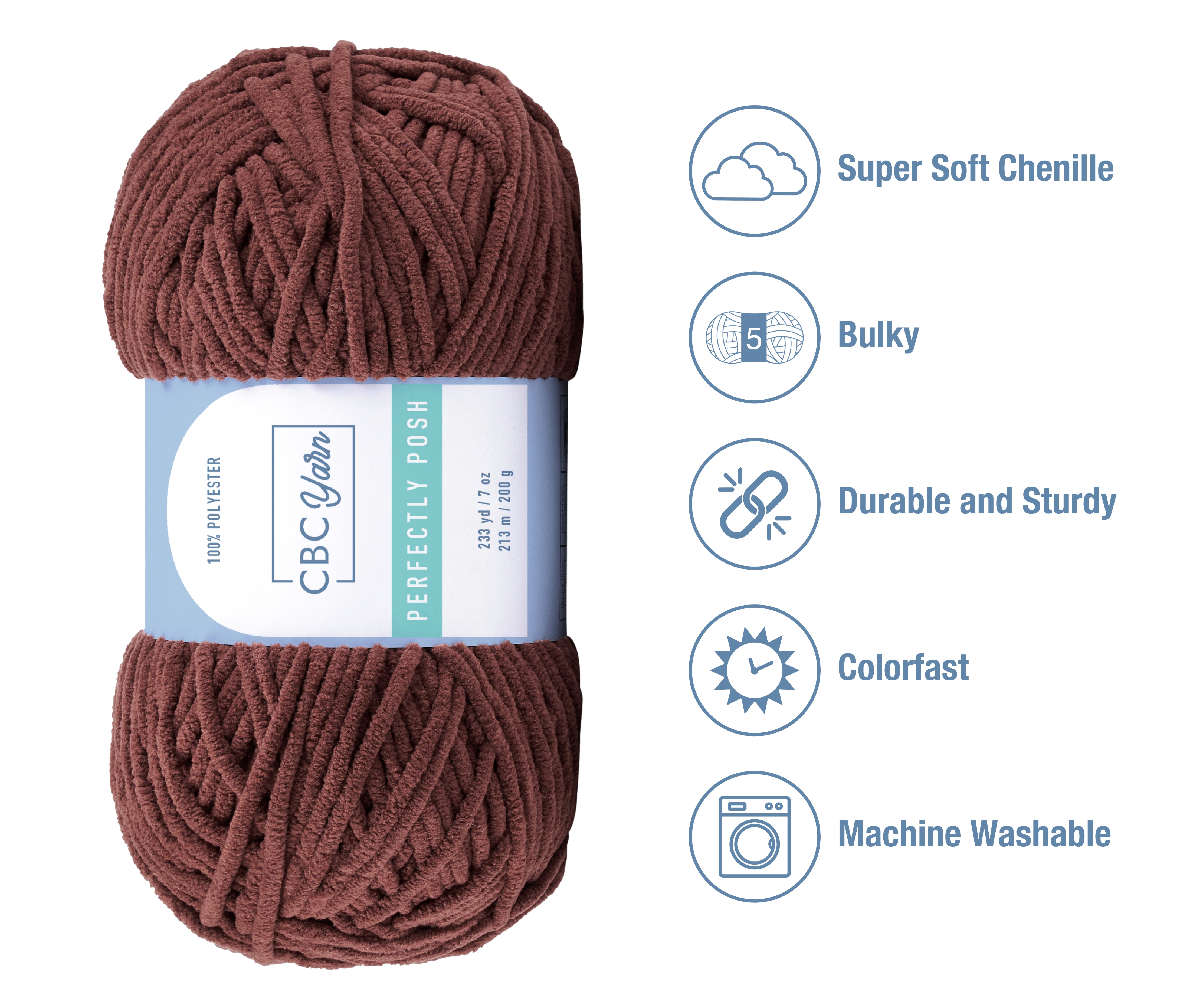 CBC Perfectly Posh Chenille Yarn for Knitting, Crocheting and Amigurumi - 2 Pack (7 oz / 200 g, 233 yards Each Skein), Chocolate Fudge, Gauge 5 Bulky