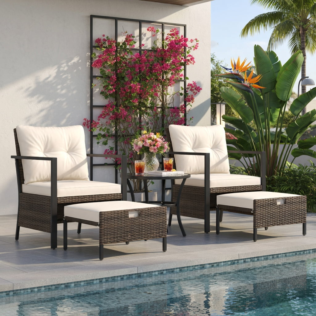 Hommoo 4-Piece Modern Outdoor Wicker Furniture Set with Tempered Glass Coffee Table, Rattan & Metal Frame, White