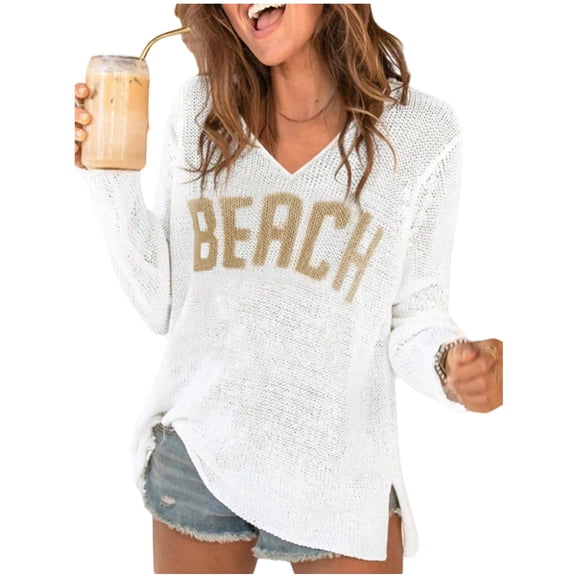 Women's Beach Cover Ups Letter Beach Sweater Crochet Tops | Pullovers Jumper Top, Split Hem Knit, Long Sleeve V Neck, Lightweight Beach Sweaters,S