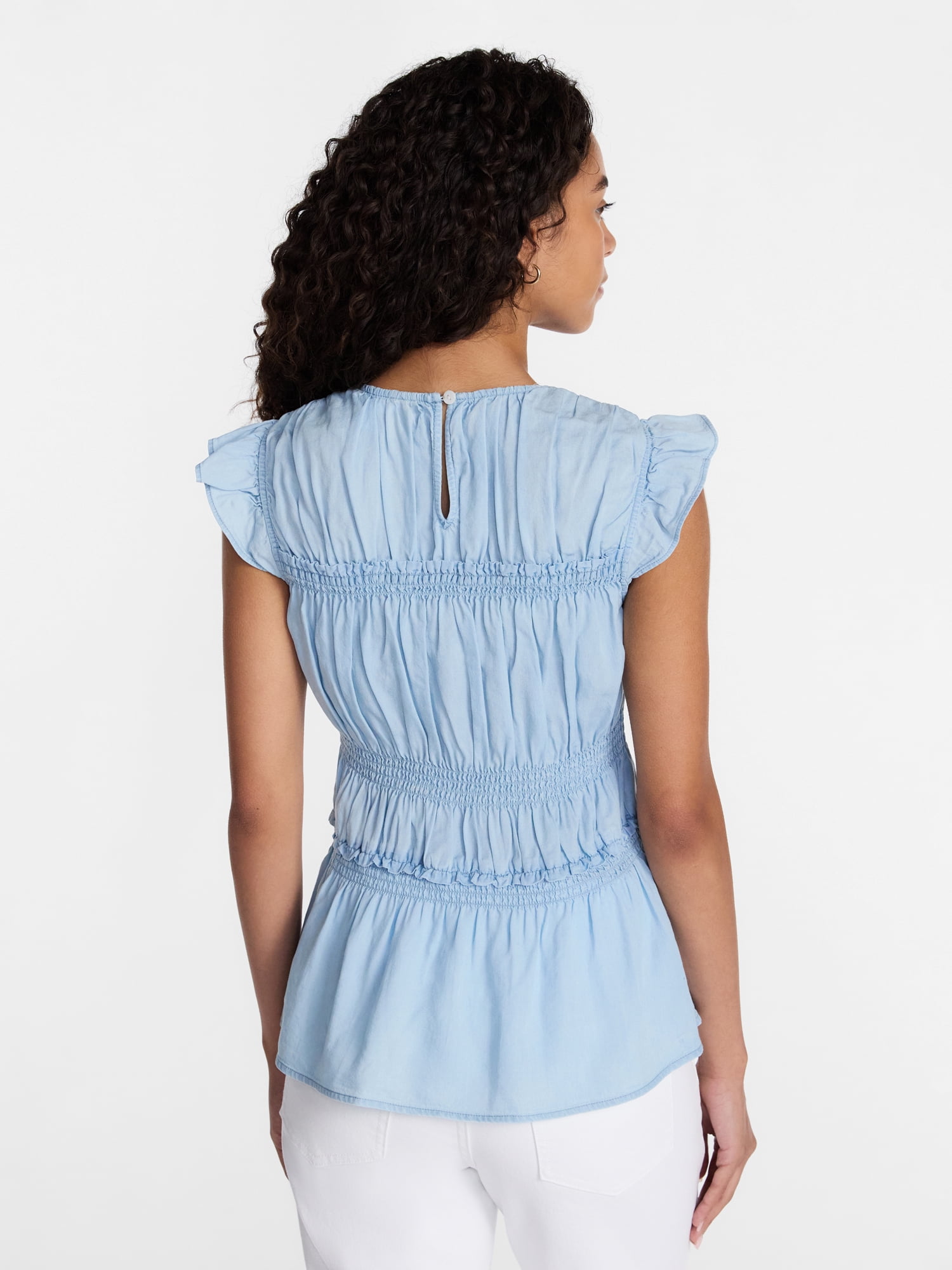 Time and Tru Women's Sleeveless Smocked Top with Ruffle Trim, Sizes XS-XXXL