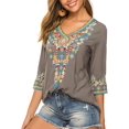 thumbnail image 3 of Higustar Womens Plus Size Tops 3/4 Sleeve V Neck Tunic Shirts Casual Floral Embroidered Loose Summer Fall Blouses Mexican Peasant Cotton Rayon Shirts-054-Gray/H-2XL, 3 of 14