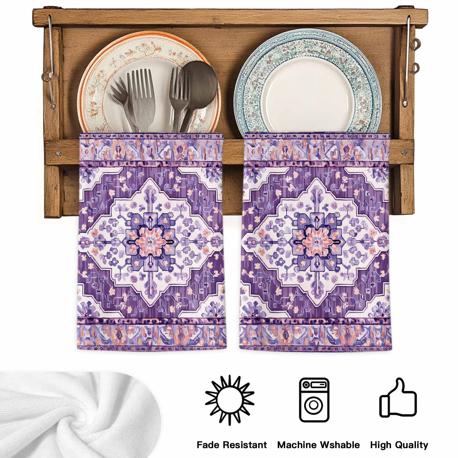 Dish Towels, Purple Bohemian Absorbent Kitchen Towels 2 PCS, Vintage Medieval Mural Microfiber Hand Towels Dish Cloths Tea Towels for Home&nbsp;Bathroom Cleaning Drying,18X28-Inch,