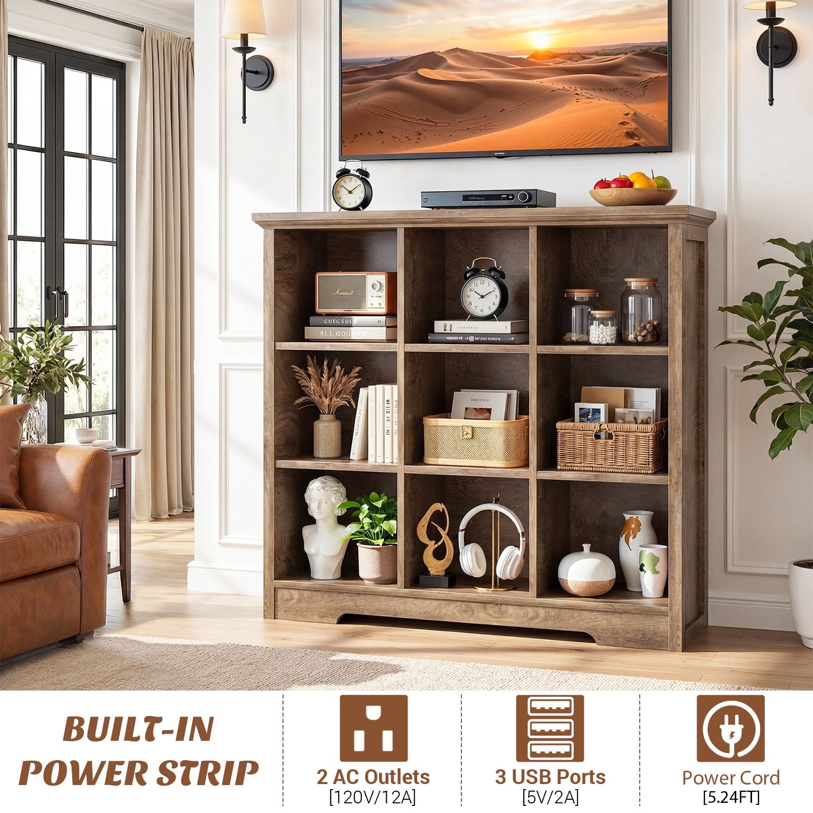 Homieasy 9 Cube Storage Organizer with Charging Station, 41'' Tall Wooden Cube Bookcase for Living Room, Bedroom, Brown Oak