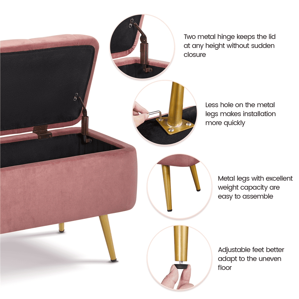 Alden Design Modern Velvet Upholstered Storage Accent Bench, Pink