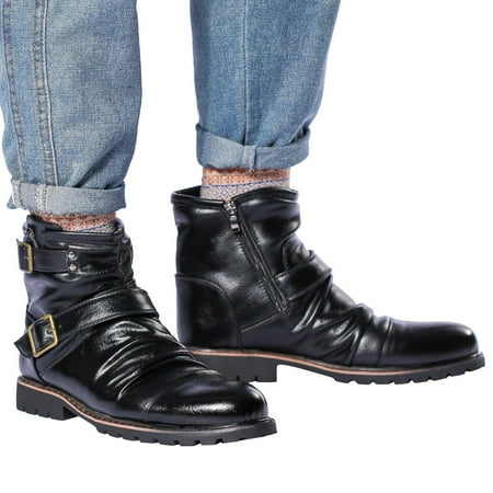 

Chnzic Mens Shoes High Top Leather Boots Vintage Belt Buckle Pleated Side Zipper Short Boots