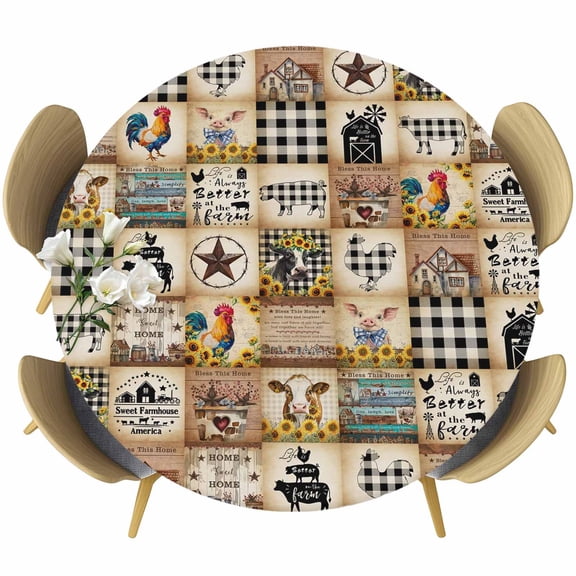 Animals Farmhouse Round Tablecloth, Fitted Table Cover with Elastic for 36"-44" Round Tables, Vintage Farm Country Star Brown Plaid Table Cloth Outdoor Indoor Dinning Party Waterproof Tablecloths