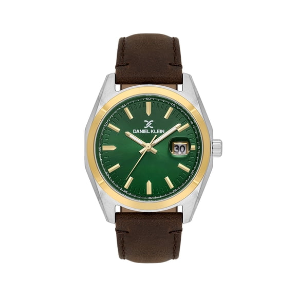 Daniel Klein Mens Watch, 42mm Metal Analog Watch, Japanese Quartz, Leather Strap - Date calendar, Luminous Hands and Index - Two-Tone / Green Dial