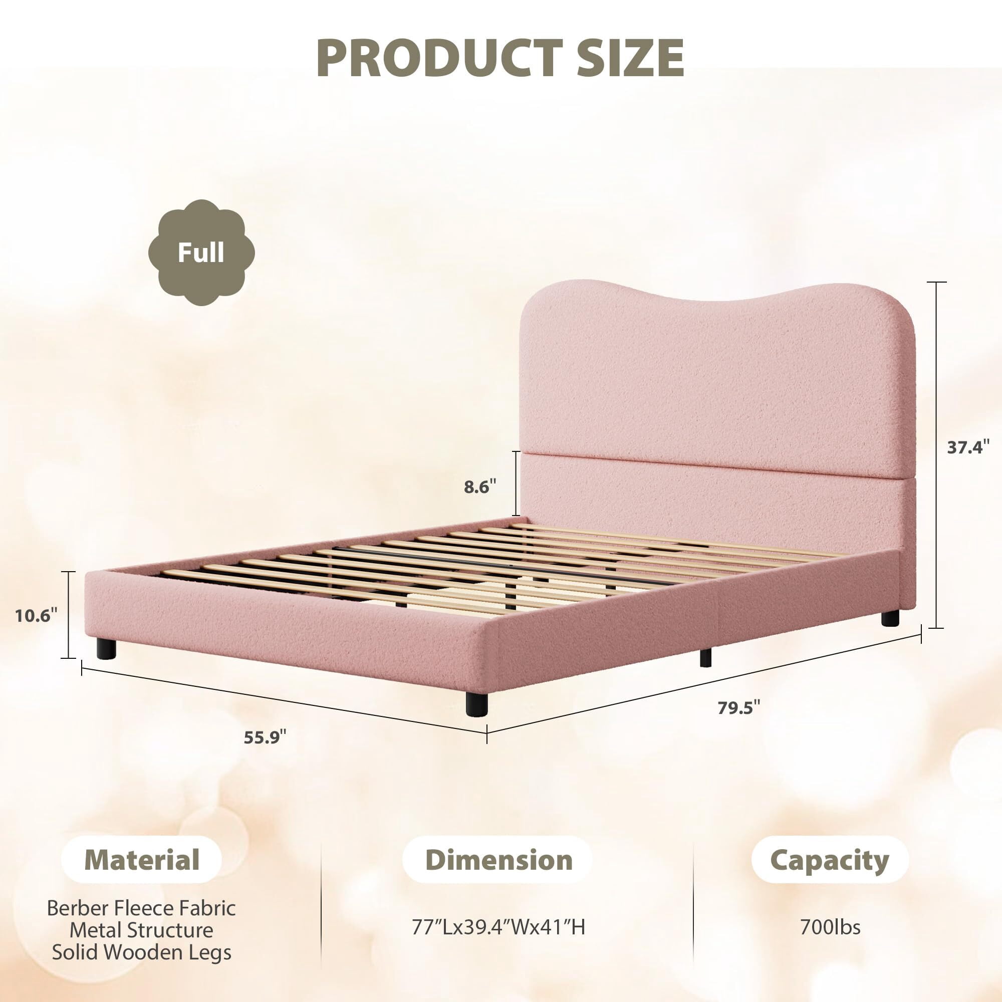 Jojoka Modern Full Bed Frame Upholstered in Soft Boucle Fabric, Sturdy Wooden Slats, No Gap Headboard, Easy Assembly, No Box Spring Needed, Pink