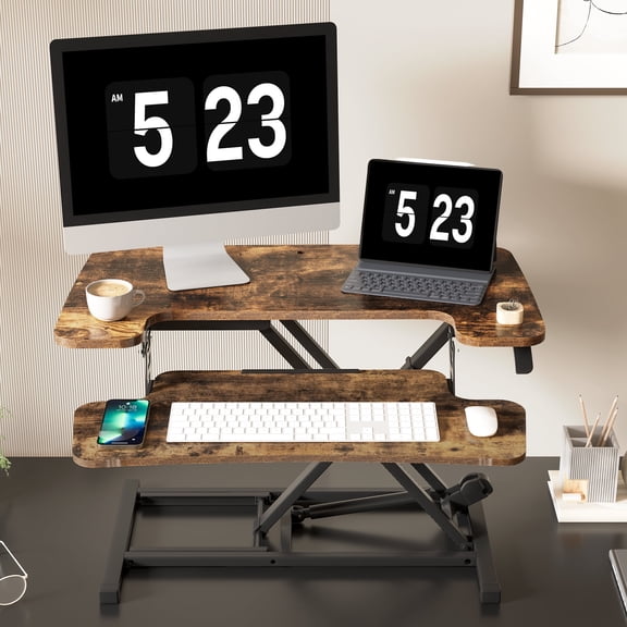 FlexiSpot Height Adjustable U Shape Desk Converter with Keyboard Tray, Special Walnut