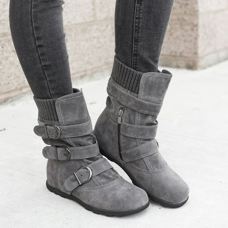 

Rewenti Women Suede Round Toe Zipper Flat Pure Color Buckle Strap Keep Warm Snow Boots Gray 6(36)