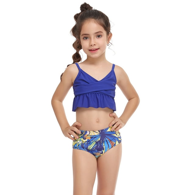 Faithtur Parent-Child Matching Swimsuit Mother Girl V-neck Ruffle Hem Sleeveless Backless Tie-Up Sling Tops + Printing Shorts