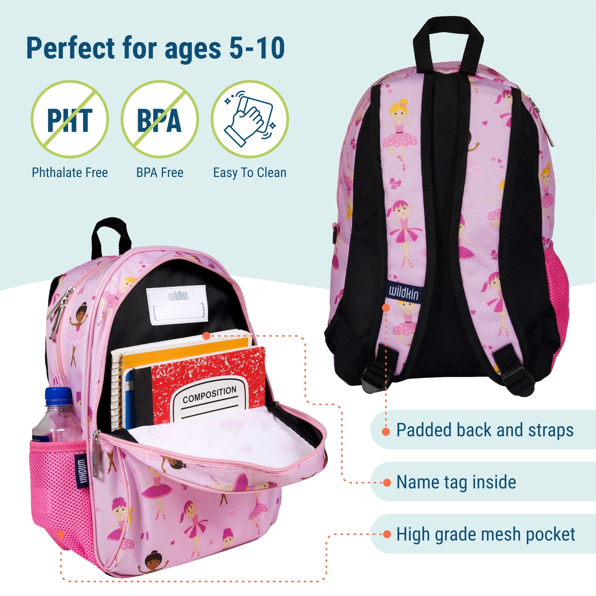 Wildkin Kids 15 Inch School and Travel Backpack for Boys and Girls (Ballerina Pink)