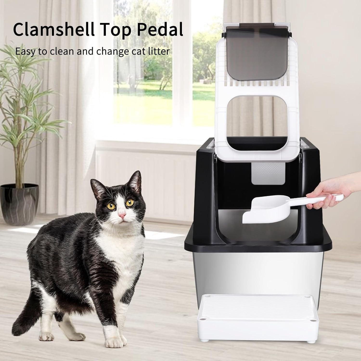 Stainless Steel Cat Litter Box, Odorless Enclosed Litter Box with Top Holes, Large Litter Pan for Small to Large Sized Cats (Deep Black, 23.8" L*15.9" W*18" H)