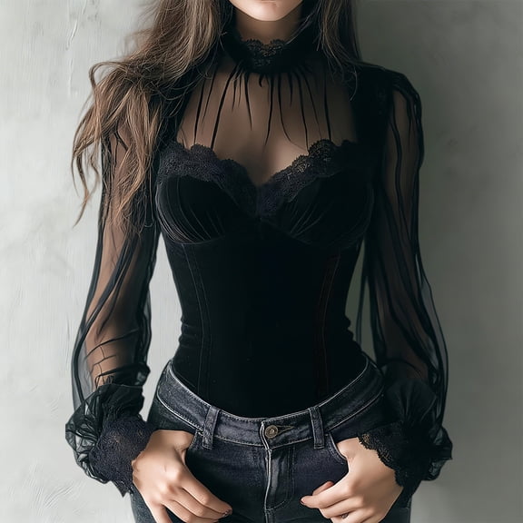 Womens Plus Size Tops Women's Velvet Corset Blouse Turtleneck Lace Top Long Sleeve Slim Casual Elegant Tops