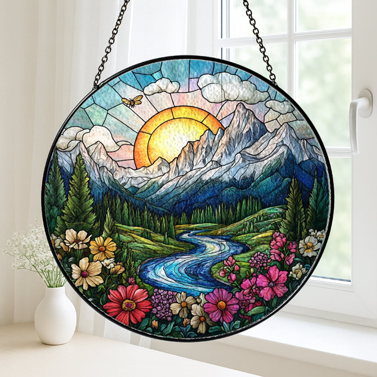 Snowy Mountain Forest River Scene Stained Glass Style Window Art