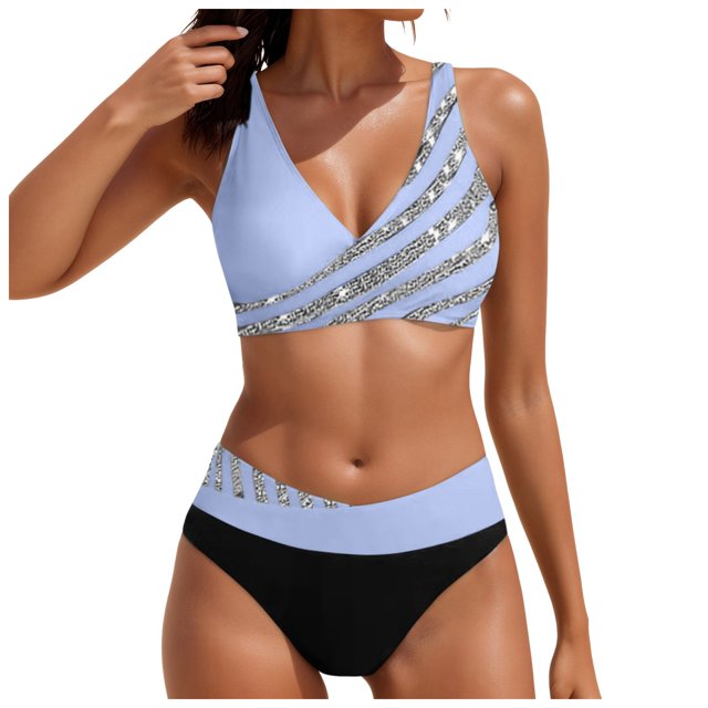 Huesdet Women High Waisted Bikini Sets Tummy Control Swimsuits Two Piece Swim Suits 2025 Color Block Halter Bathing Suits(Light Blue,L)