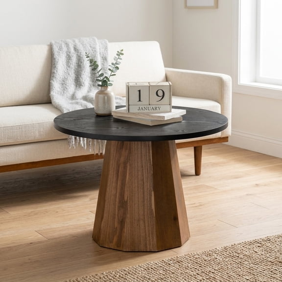 Round Pedestal Coffee Table with Tree Bark Veneer - Modern Living Room Accent Table