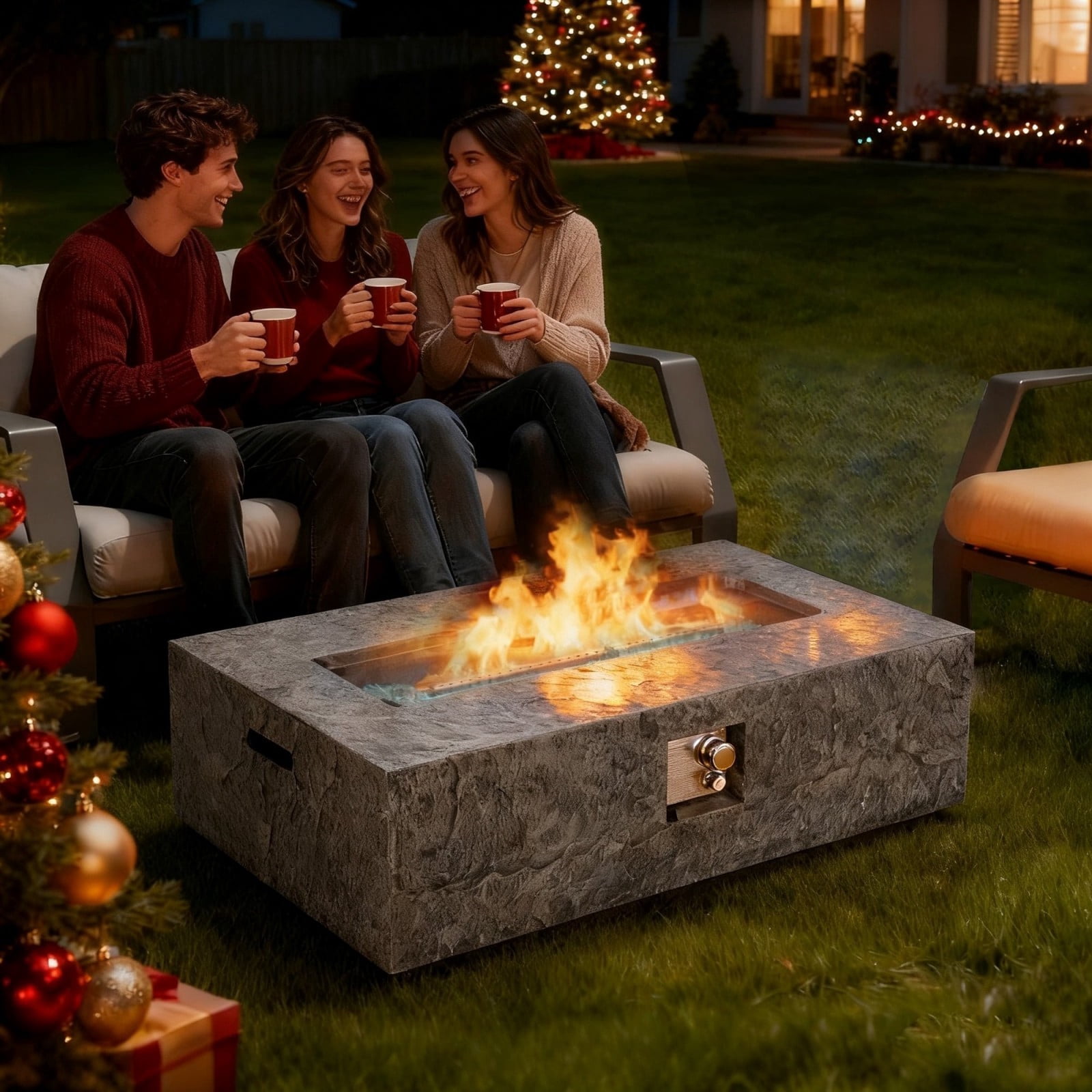 48" Patio Terrazzo Fire Pit Table, 50,000 BTU Outdoor Rectangle Gas Fire Table, Concrete Fire Pit Coffee Table for Backyard, Patio, Deck, Gray