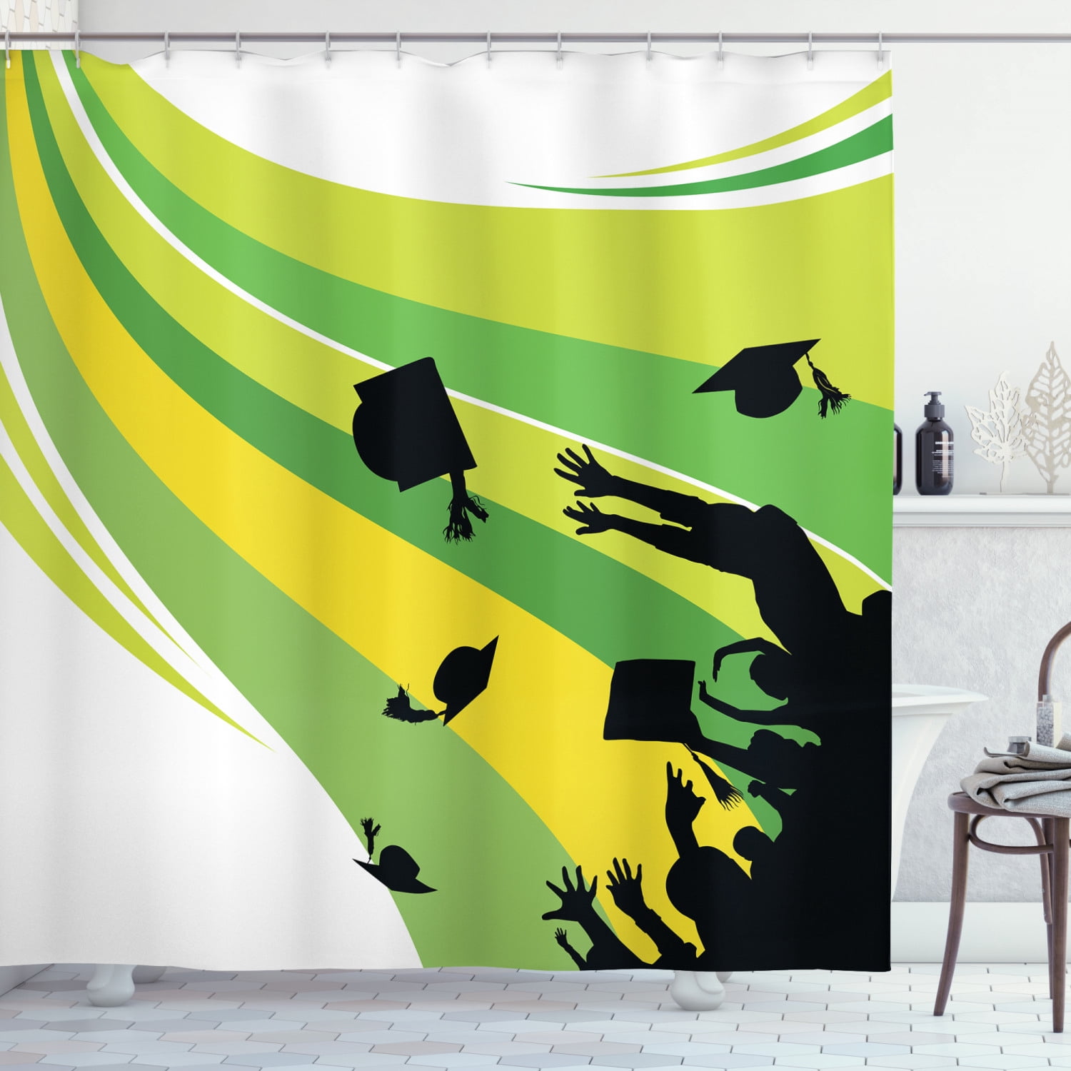 Education Shower Curtain, Graduation Theme Silhouette of Students ...