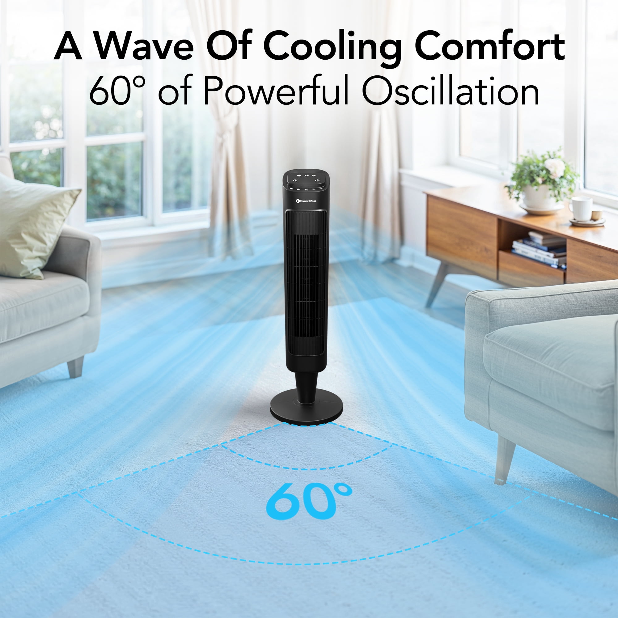 Comfort Zone 36” Tower Fan with Remote Control and Timer, Black