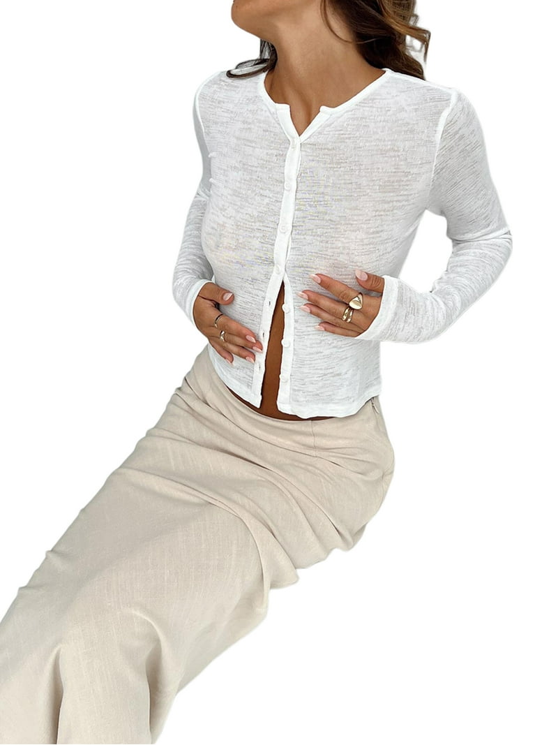 FOCUSNORM Women Long Sleeve Sheer Top Flare Sleeve Button Up