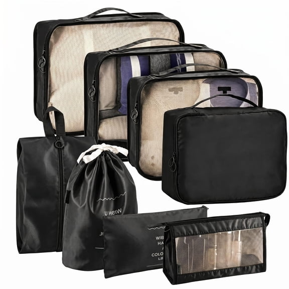 8 Pack Packing Cubes, Durable Suitcase Organizer Bags for Clothes Underwear Travel Essentials, Luggage Storage Organizer Set, Black