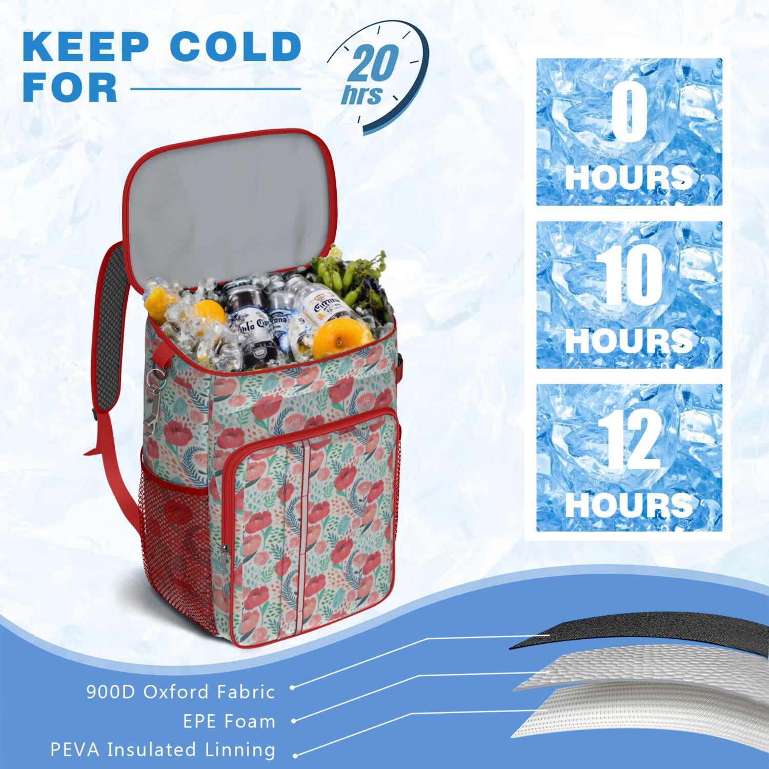 Travel Cooler Bag - Pioneer Flower Camping Beer Cooler Backpack with Bottle Opener- Waterproof Insulated Picnic Backpacks - Cooler Bag for Beach
