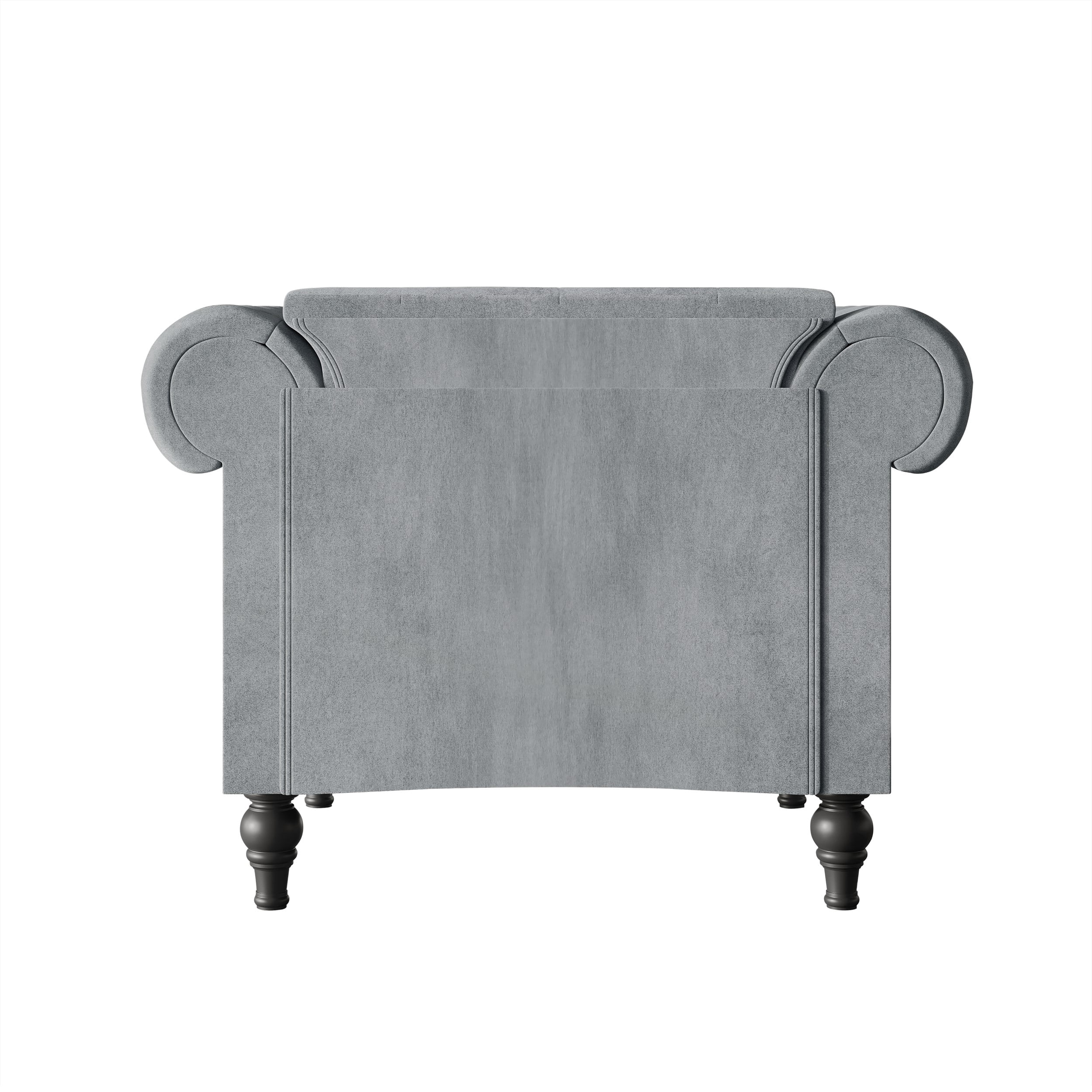 Home Design Kelso Velvet Rolled Arm Chair with Deep Button Tufting, Nailhead Trim and Turned Legs, Gray
