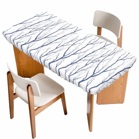 Navy Blue Branches Table Cloths for 5 Foot Rectangle Tables, Modern Abstract Art Forest Silhouettes Patio Waterproof Elastic Fitted Tablecloths, Washable Rectangular Table Cover for Camping