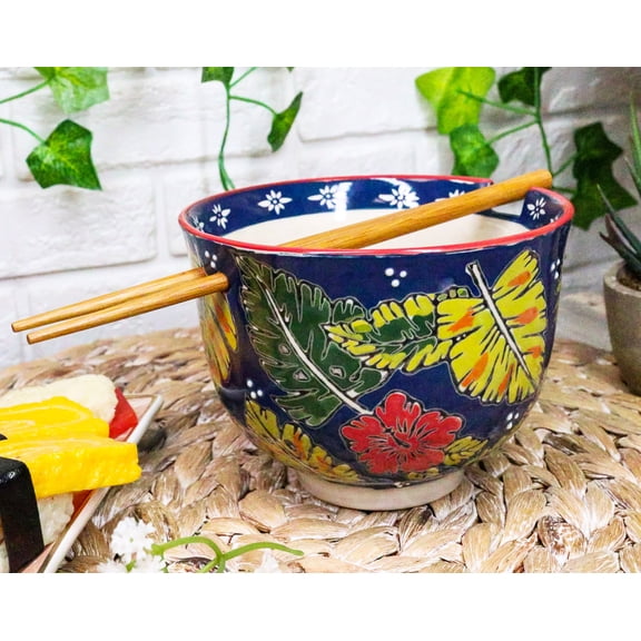 Pack Of 2 Colorful Summer Leaves Ramen Noodles Soup Bowl With Bamboo Chopsticks