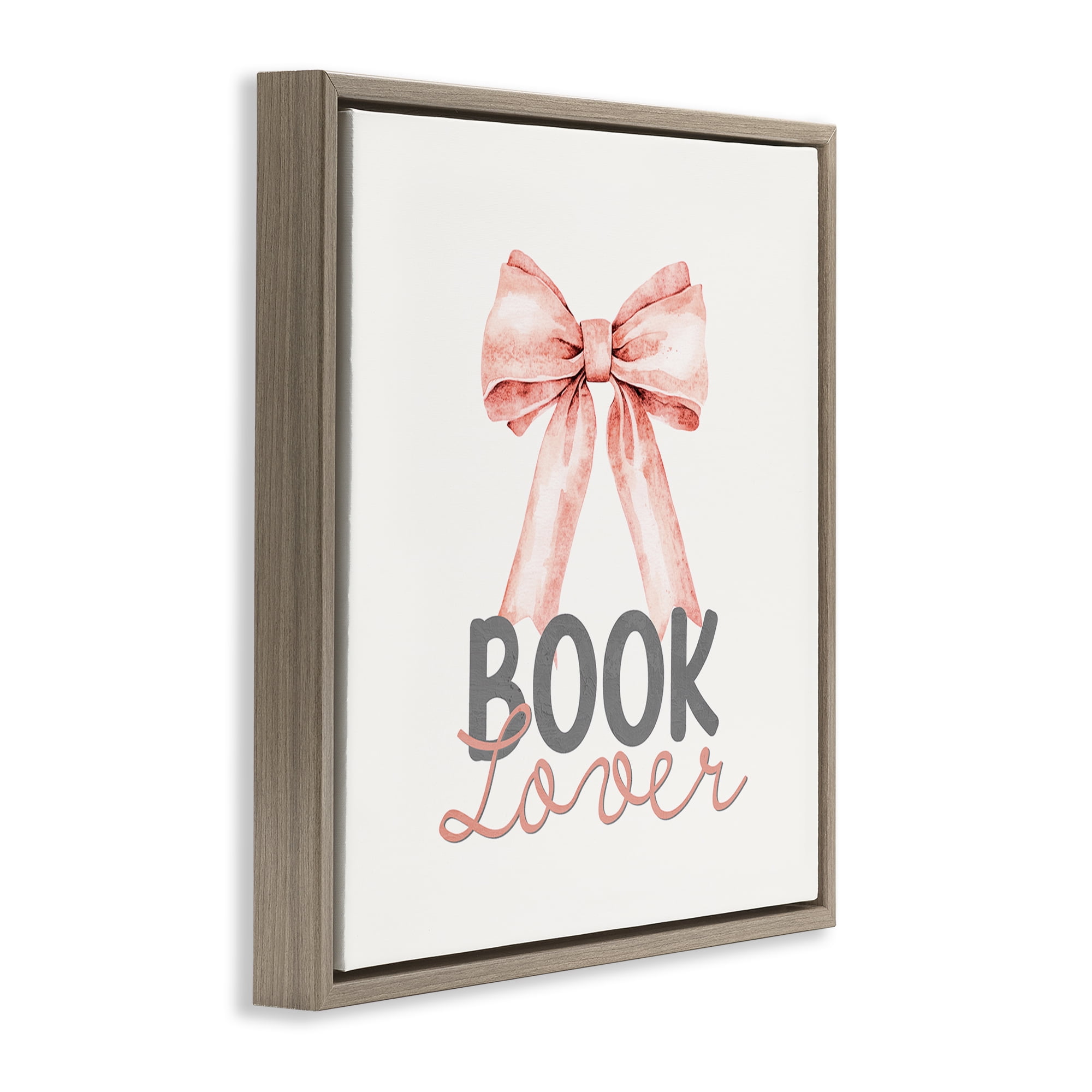 Stupell Industries Book Lover Pink Bow Brown Framed Floater Canvas Wall Art, design by Kim Allen
